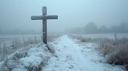 Aufkleber - vintage photography cross standing in the middle of the lonely countryside during winter