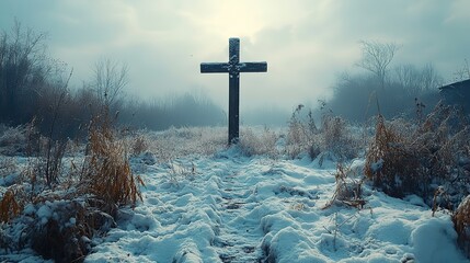 Aufkleber - vintage photography cross standing in the middle of the lonely countryside during winter