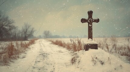 Aufkleber - vintage photography solitary cross in the winter countryside