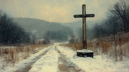 Aufkleber - vintage photography solitary cross in the winter countryside