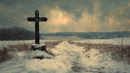 Aufkleber - vintage photography solitary cross in the winter countryside