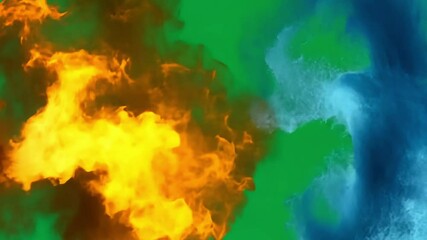 Poster - Vivid orange and blue smoke billowing, merging, interweaving on green background, generating dynamic abstract visual effects for motion design and creative projects