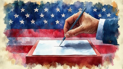Aufkleber - watercolor illustration of a hand putting a vote in a ballot box usa flag background