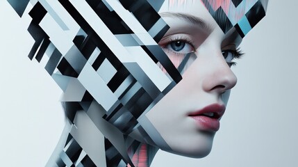 Poster - Abstract Portrait with Geometric Patterns and Soft Color Tones