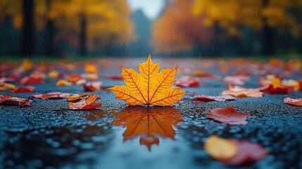 Poster - wet asphalt road in autumn forest with trees and leaves retro vintage effect