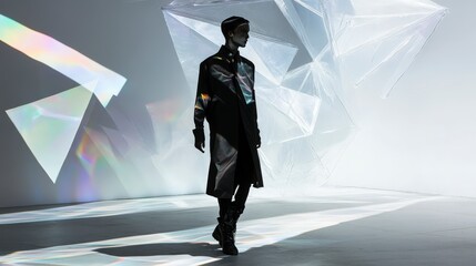 Poster - Stylish Model in Black Outfit Against Abstract Geometric Background