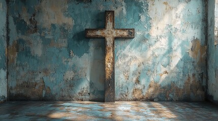 Aufkleber - white aged wall with cross glowing of light