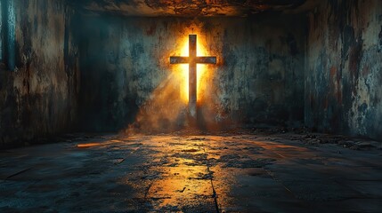 Aufkleber - white aged wall with cross glowing of light