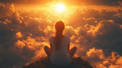 Poster - woman sitting praying on the background of clouds and bright light worship