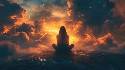Leinwandbilder - woman sitting praying on the background of clouds and bright light worship