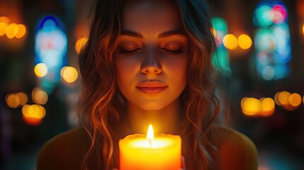 Poster - woman with candle in church closeup religion concept biblical character