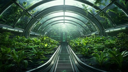 Poster - futuristic greenhouse seamlessly integrated into a lush rainforest, bioluminescent plants glowing un