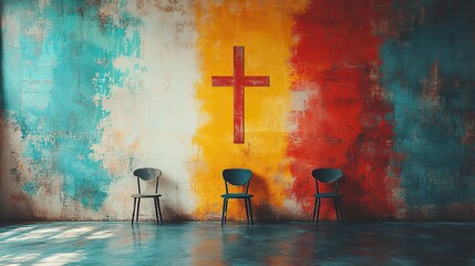 Aufkleber - wooden cross on a painted wall with chairs design