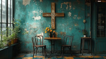 Aufkleber - wooden cross on a painted wall with chairs design