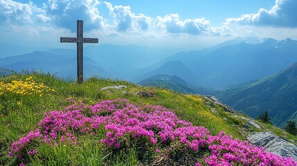 Aufkleber - wooden cross on the top of the mountain with spring flowers
