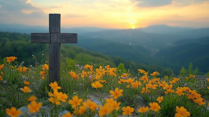 Aufkleber - wooden cross on the top of the mountain with spring flowers