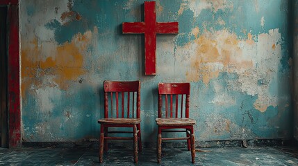 Aufkleber - wooden cross on a painted wall with chairs design