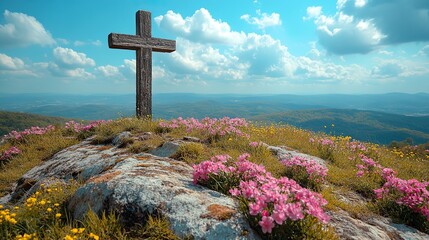 Poster - wooden cross on the top of the mountain with spring flowers