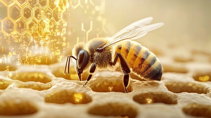 Poster - a high-tech bee sanctuary, robotic beehives assisting natural pollinators, glowing data projections showing hive health, golden honey dripping from sustainable structures, warm and inviting lighting,