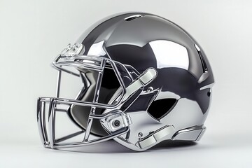 Wall Mural - glossy american football helmet in bold silver on stark white, dramatic side lighting, sleek curves,