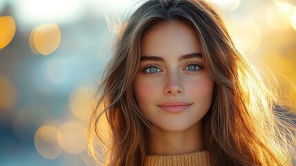 Poster - young beautiful girl with long hair in the city at sunset toning