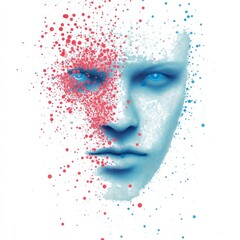 Poster - Abstract Art Portrait with Blue and Red Dots Creating Face Illusion
