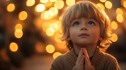 Aufkleber - young boy praying in front of lights shallow depth of field