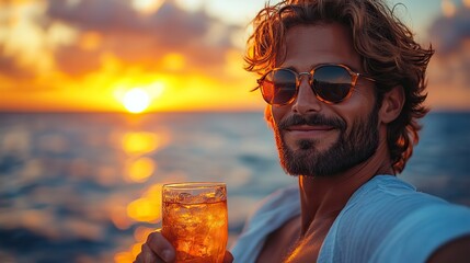 Poster - young man drinking a cocktail on the beach at sunset close up summer vibes