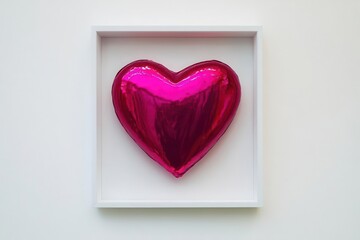 Wall Mural - glossy fuchsia heart pulses with a wet sheen on a stark white void, radiating bold love and playful 