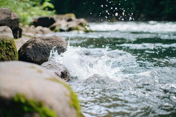 Poster - Serene river scene with mossy rocks and splashing water creating a refreshing and natural atmosphere perfect for relaxation and nature photography