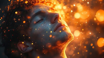 Poster - young man praying against the background of a bright glittery sky worship