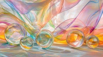 Leinwandbilder - Ethereal spheres and flowing pastel fabric create a dreamy abstract composition with soft light and iridescent reflections showcasing artistic creativity and vivid colors