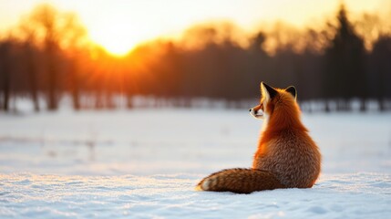 Poster - Majestic red fox sitting in snowy field at sunrise basking in golden light of dawn in serene winter landscape
