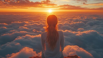 Leinwandbilder - young woman looking at the sunset above the clouds praying worship