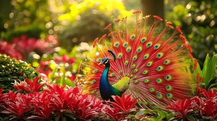 Aufkleber - Majestic peacock displaying vibrant plumage in lush garden setting radiant colors and elegant pose captures enchanting beauty