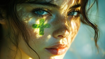 Poster - young woman with green cross painted on her face double exposure vintage poster style photography