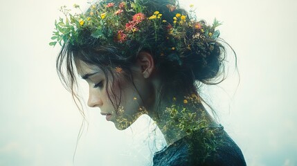 Poster - young woman with a cross and plants in her head toned image vintage poster style photography