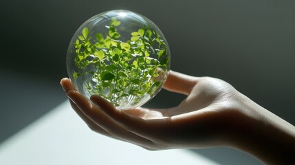 Wall Mural - Hand holding a glass orb containing vibrant green plants, symbolizing environmental care and growth