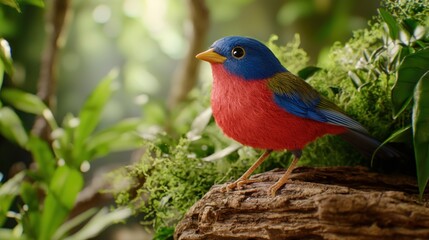 Aufkleber - Colorful Painted Bunting Bird Perched on a Mossy Branch in a Lush Green Forest with Soft Sunlight and Natural Beauty