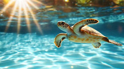 Poster - Graceful Sea Turtle Swimming in Turquoise Ocean Waters with Sunbeams Casting a Golden Glow Underwater Paradise