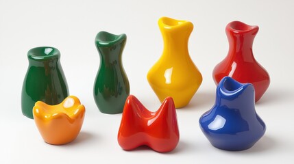 Poster - Collection of Colorful Vases and Sculptures Displayed on a White Background in a Studio Setting with Soft Lighting