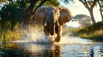 Aufkleber - Majestic african elephant charging through shallow water in golden light with lush green trees background