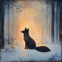 Poster - Fox Silhouette Amidst Snowy Forest Serenity A Captivating Winter Scene with a Mystical Ambiance and Warm Light