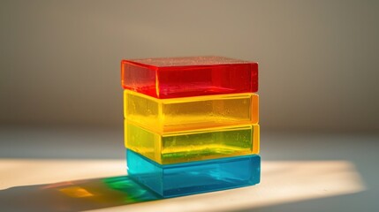 Fototapete - Colorful translucent blocks stacked with playful light creating vibrant shadows and a minimalist modern aesthetic for creative projects
