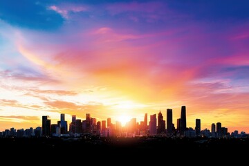 Poster - Vibrant Cityscape Silhouette Embraces the Colorful Sunset with Sky High Buildings and Gentle Clouds
