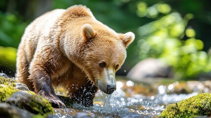 Aufkleber - Captivating Brown Bear Enjoys Refreshing Dip in Sparkling Stream Amidst Lush Greenery in Natural Habitat