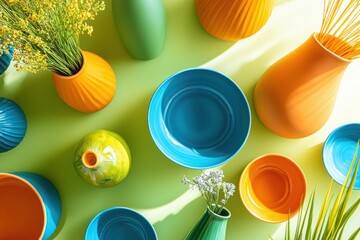 Poster - Top View Arrangement of Colorful Bowls Vases and Floral Accents on a Vibrant Green Background Studio Shot