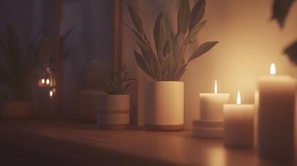 Aufkleber - Serene indoor scene featuring glowing candles and potted plants creating a warm and inviting ambiance on a wooden shelf