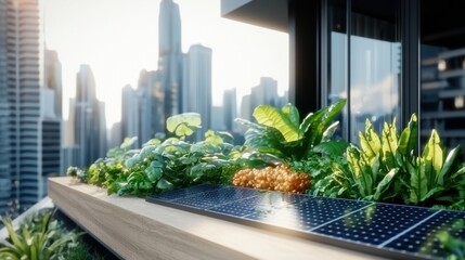 Poster - Sustainable Urban Living Balcony Garden with Solar Panels and Lush Greenery in a Modern Cityscape Environment