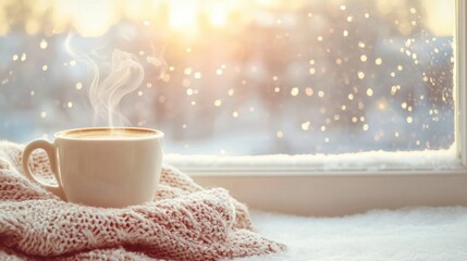 Aufkleber - Cozy coffee cup on knitted blanket by window with snowy winter landscape and golden bokeh lights creating warm and inviting atmosphere